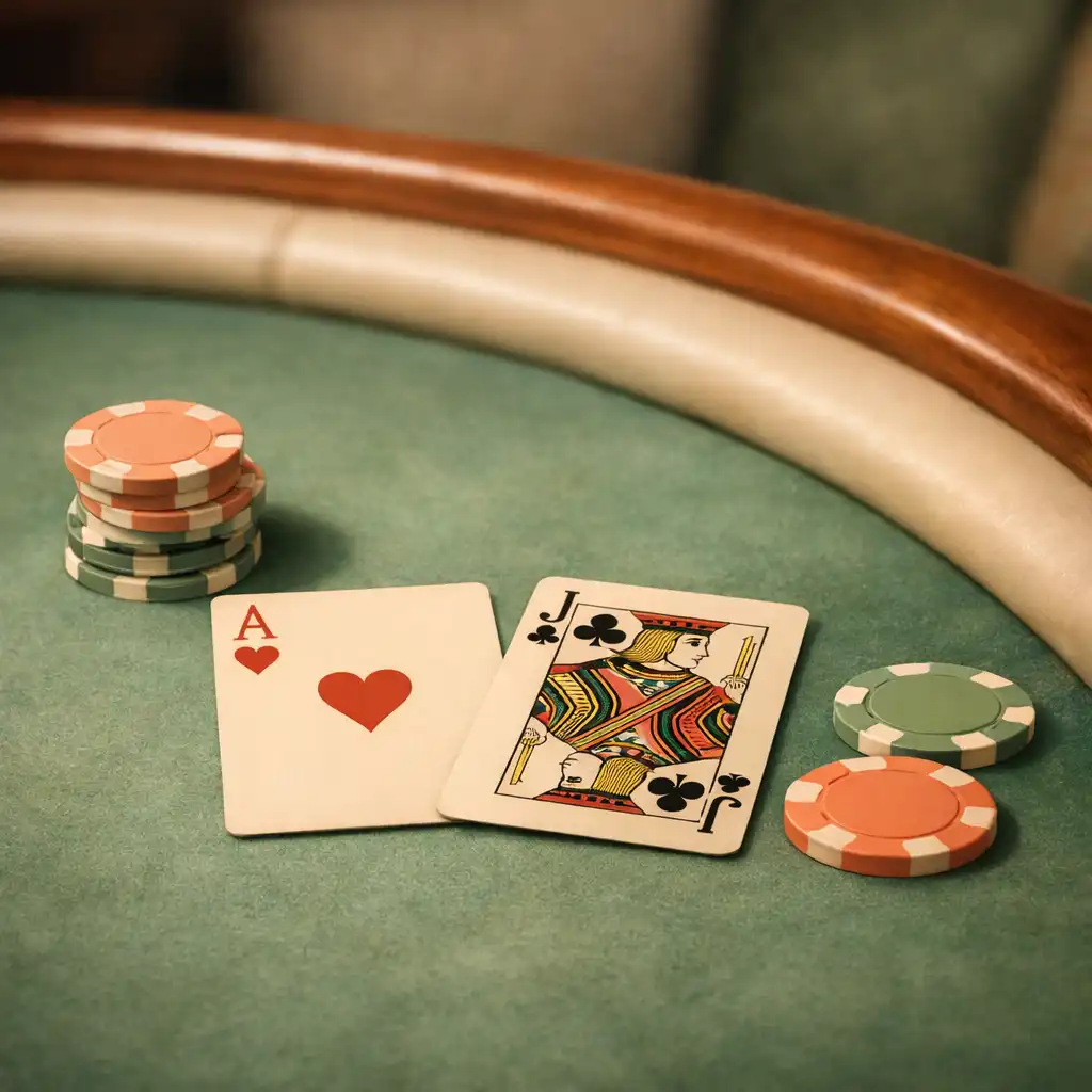 Close-up of a blackjack table with cards and chips