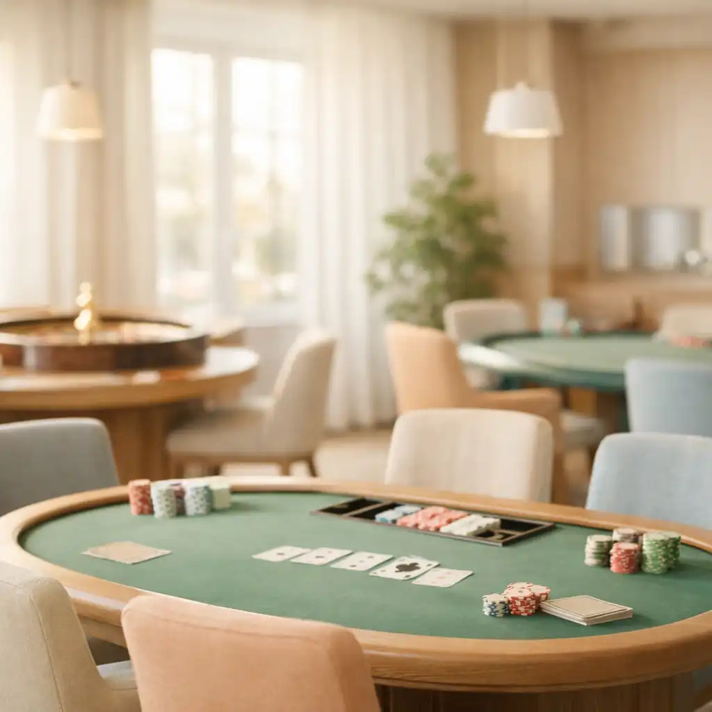 Warm casino lounge interior with a physical poker table, soft daylight, and comfortable seating
