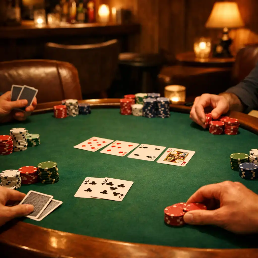 Physical poker table with green felt, cards, and chips in a cozy lounge with warm evening lighting