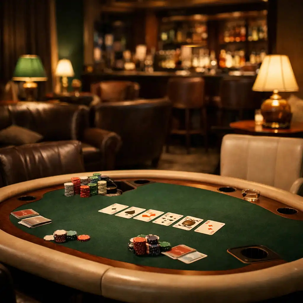 Physical poker table with cards and soft lighting in the casino lounge