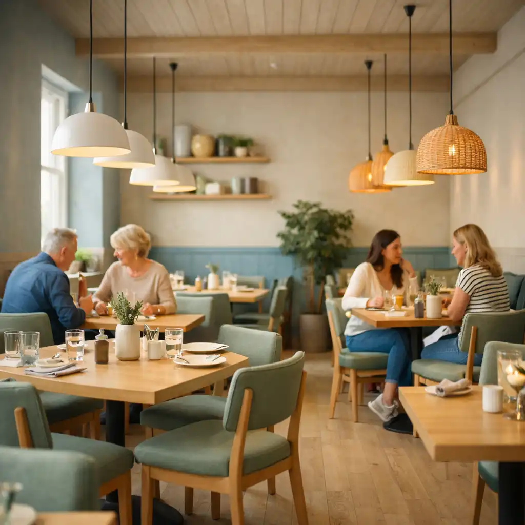 Cozy Scandinavian restaurant interior with light wooden tables, sage chairs, and guests enjoying a meal in daylight