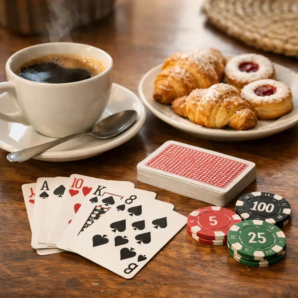 Table set with coffee cup and pastries next to a deck of cards and poker chips