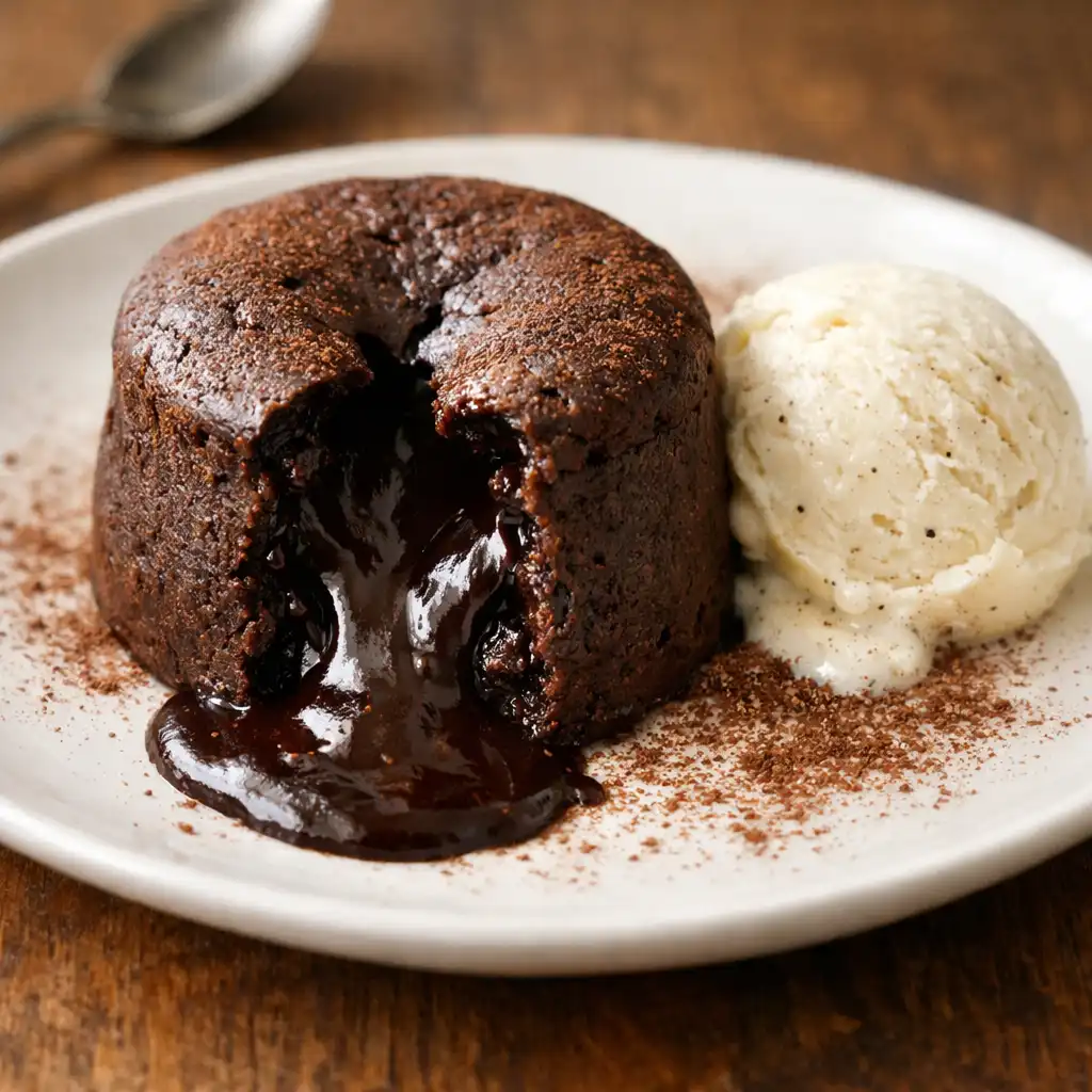 Dark chocolate fondant with molten center and vanilla bean ice cream