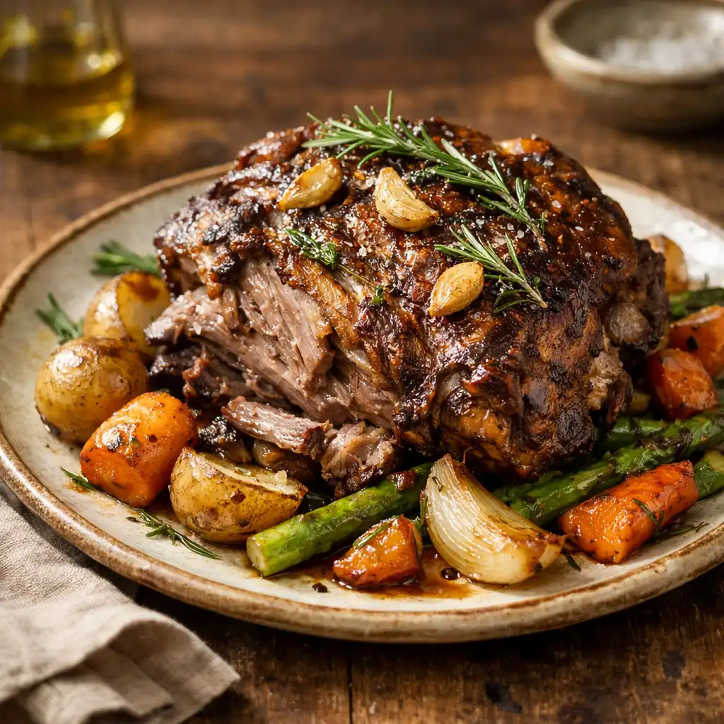 Slow-roasted lamb shoulder with rosemary and garlic on a ceramic plate