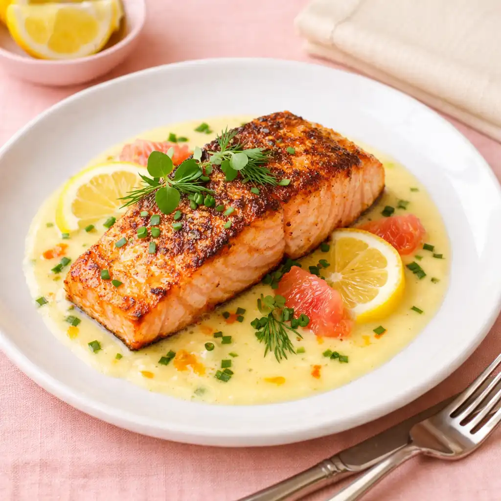 Pan-seared salmon with citrus beurre blanc and fresh herbs