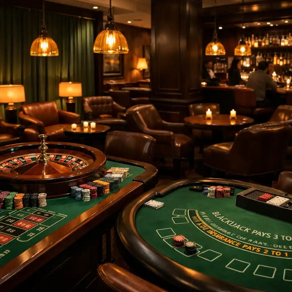 Casino lounge with roulette and blackjack tables under pendant lights