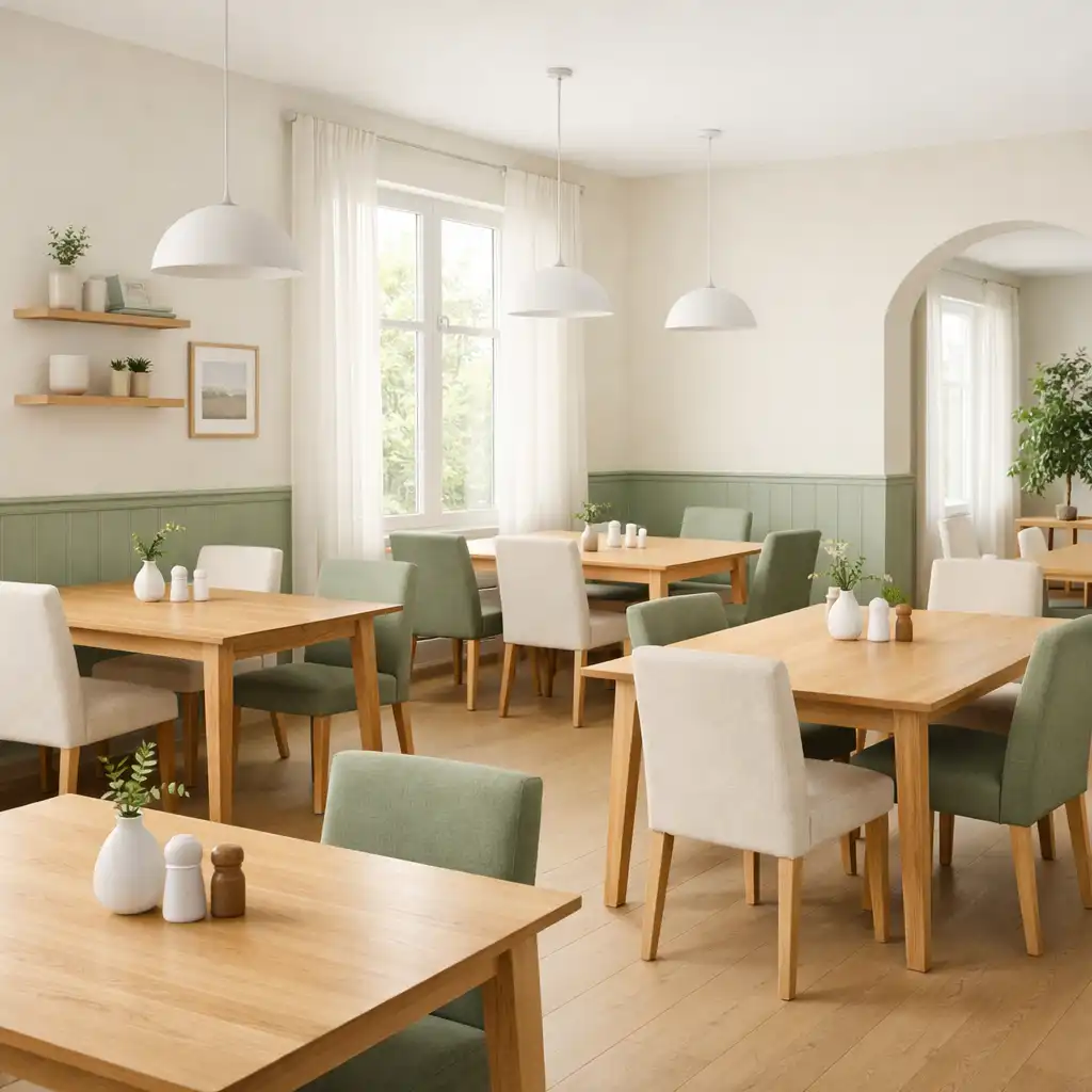 Bright dining area with wooden tables and large windows