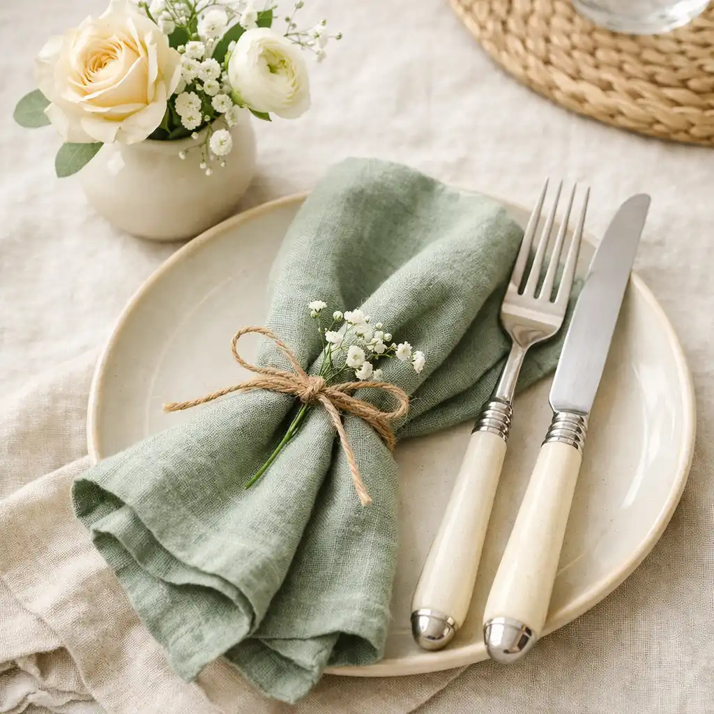 Close-up of a table setting with linen napkin, cutlery, and a small vase of flowers