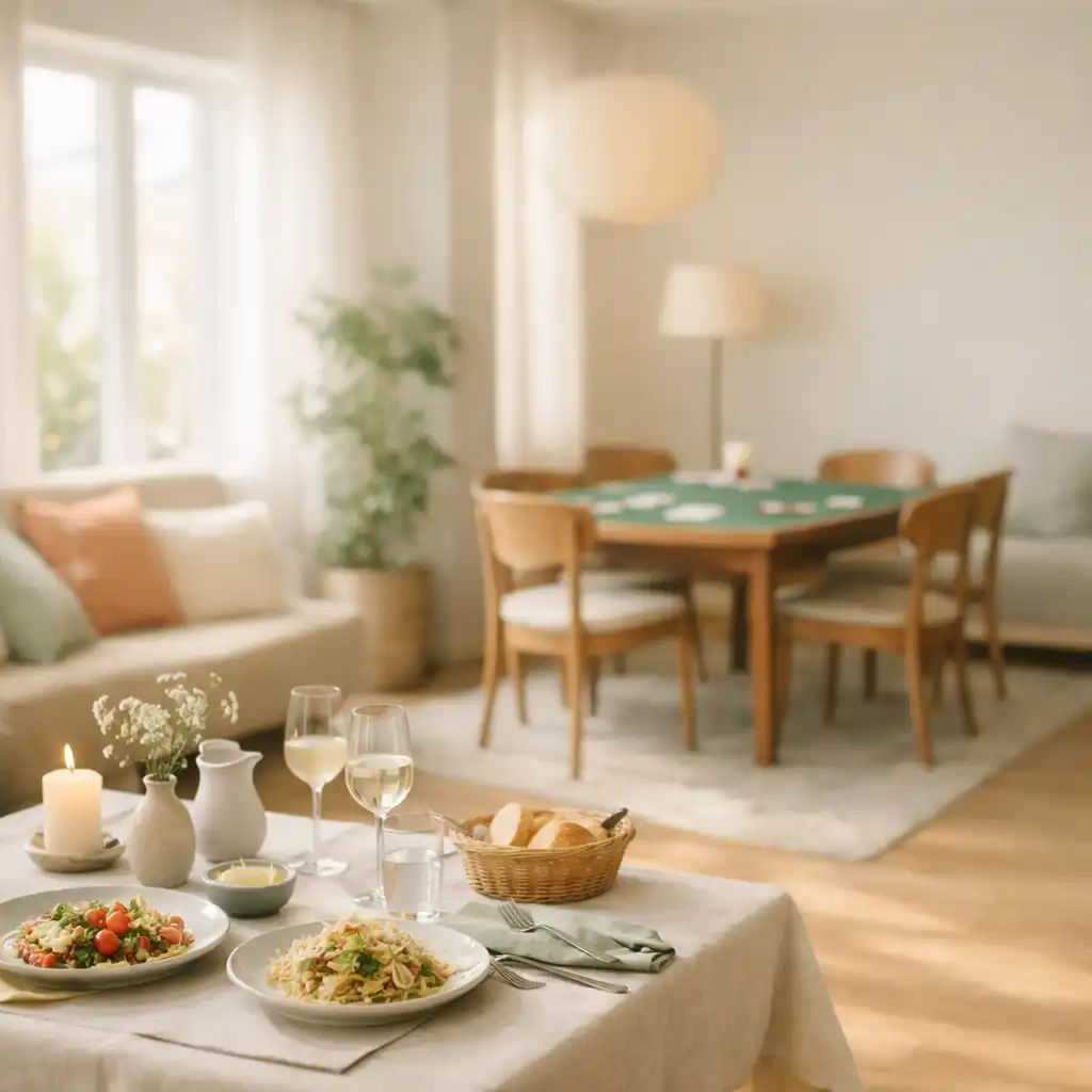 Warm daylight-filled interior of Roast & Table with a set dining table and a subtle card table in the background