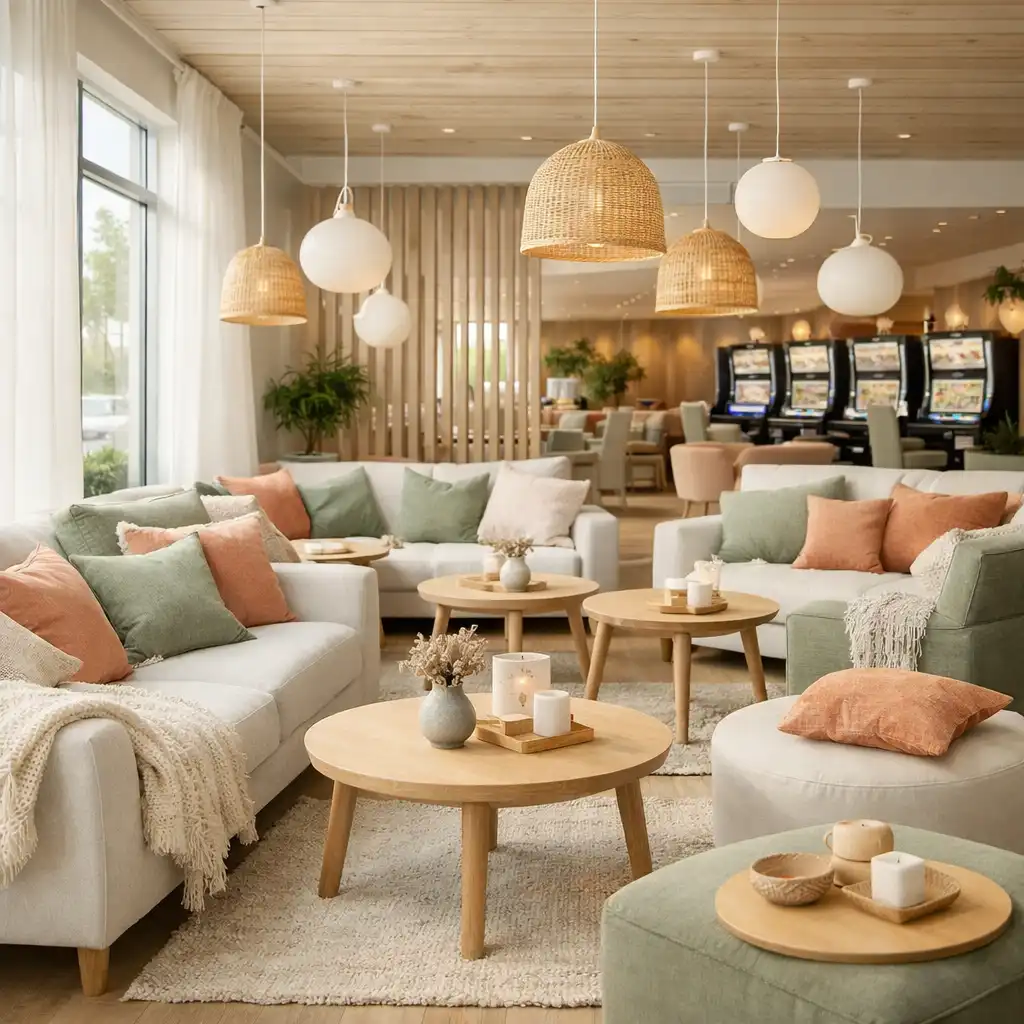 Cozy casino lounge interior with comfortable seating, cushions, throws, and soft pendant lights