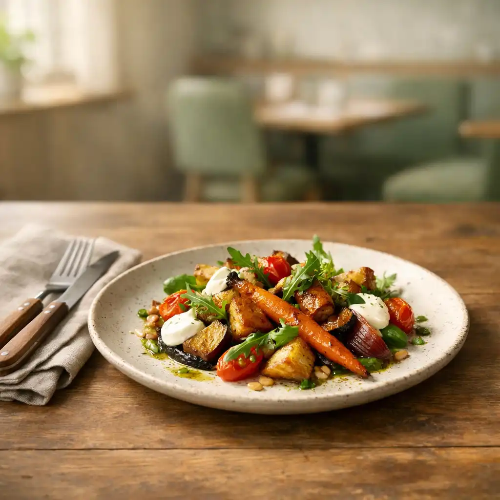 A beautifully plated dish with roasted vegetables and herbs on a rustic wooden table in soft morning light