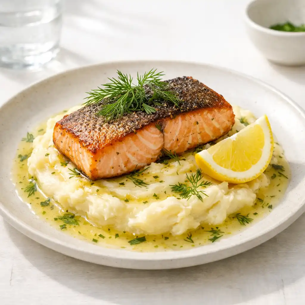 Pan-seared salmon fillet with dill and lemon butter sauce on mashed potatoes
