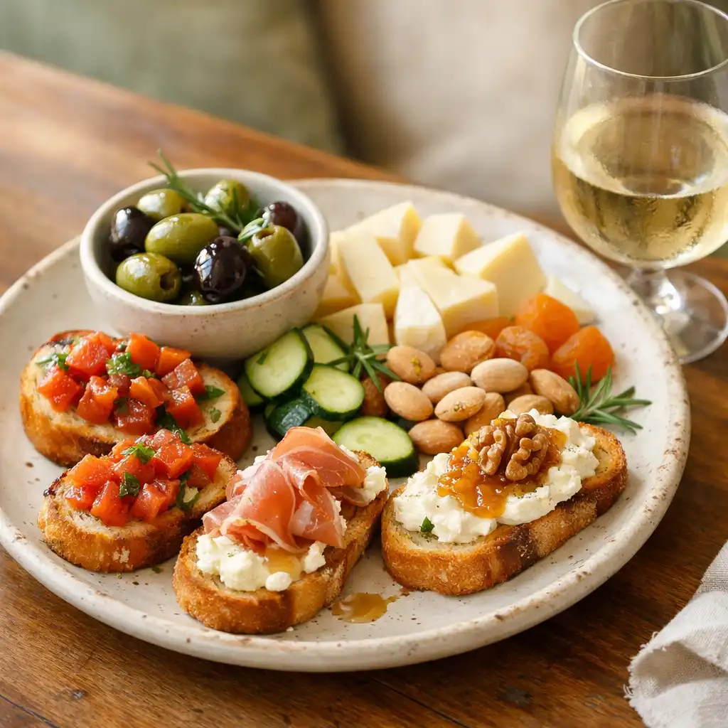 A share plate with crostini, olives, and cheese on a wooden table beside a glass of wine