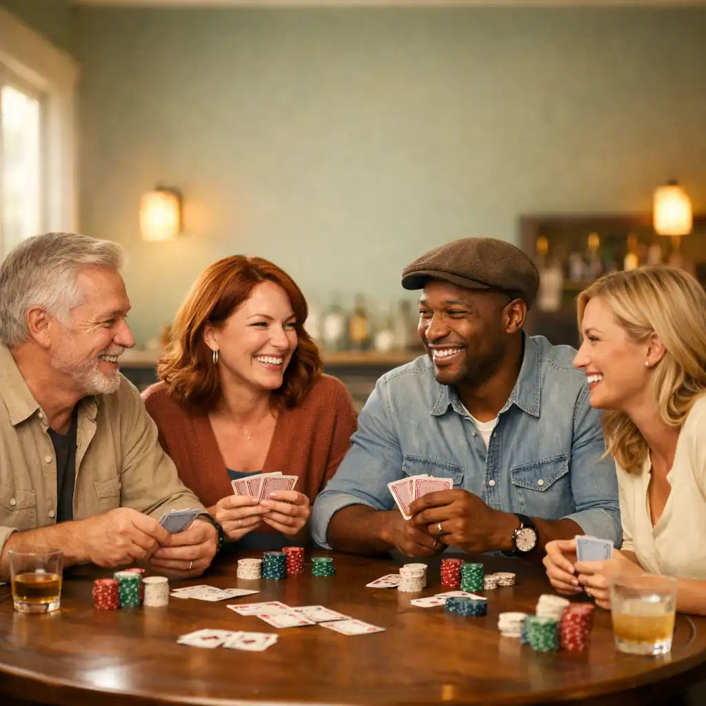 A friendly group smiling around a wooden poker table in the softly lit Roast & Table lounge