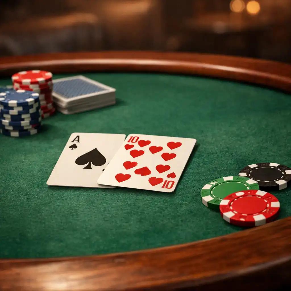 Close-up of a physical poker table with green felt, wooden rim, chips, and cards
