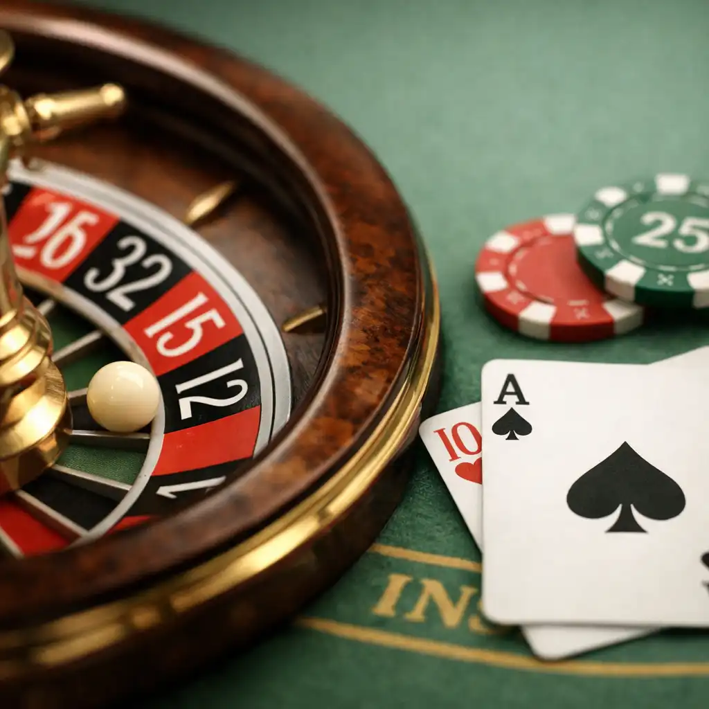 Detail of a roulette wheel and blackjack table edge with playing cards and chips