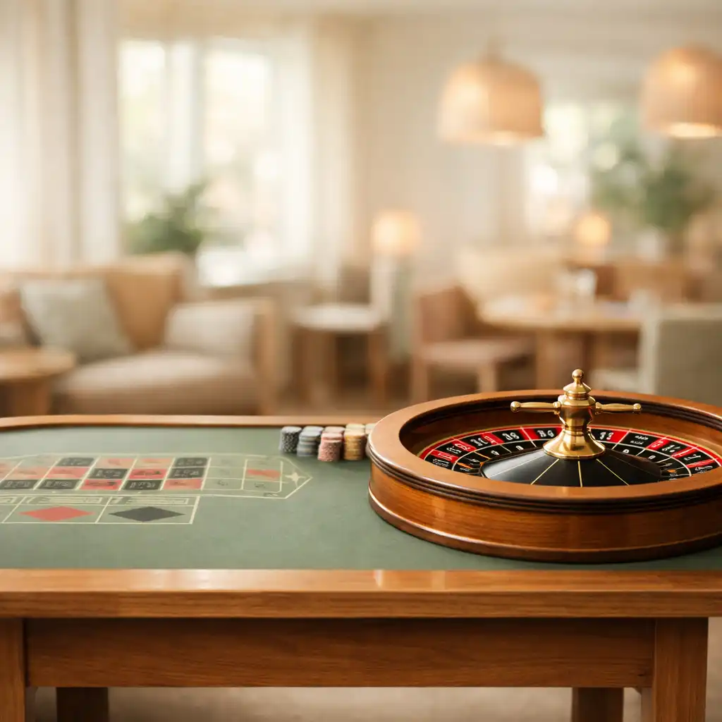 Softly lit roulette table in the Roast & Table lounge