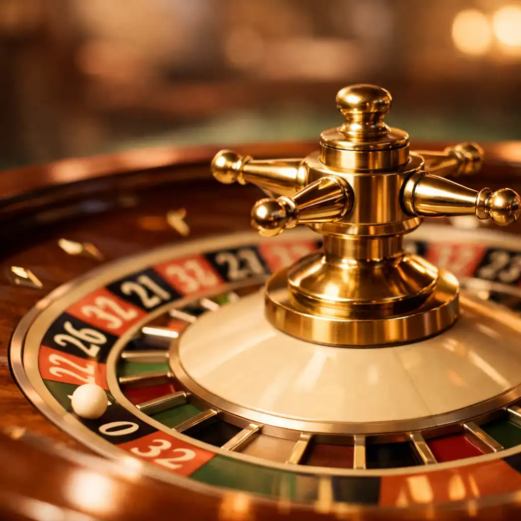 Close-up of the roulette wheel showing brass details and soft felt
