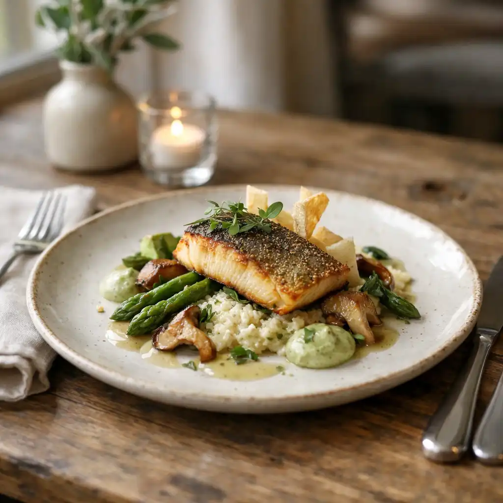 A beautifully plated signature dish on a rustic wooden table with soft daylight