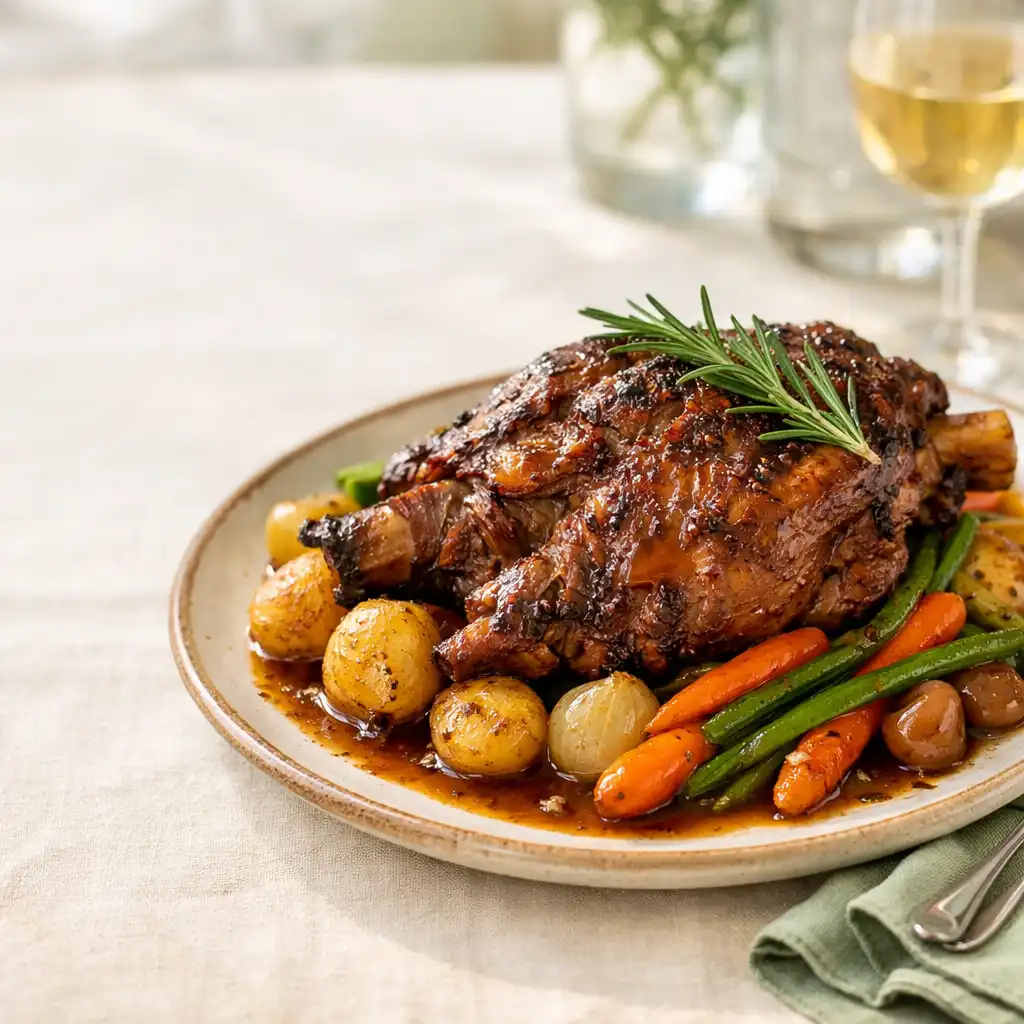 Slow-cooked lamb shoulder with rosemary and seasonal vegetables on a ceramic plate