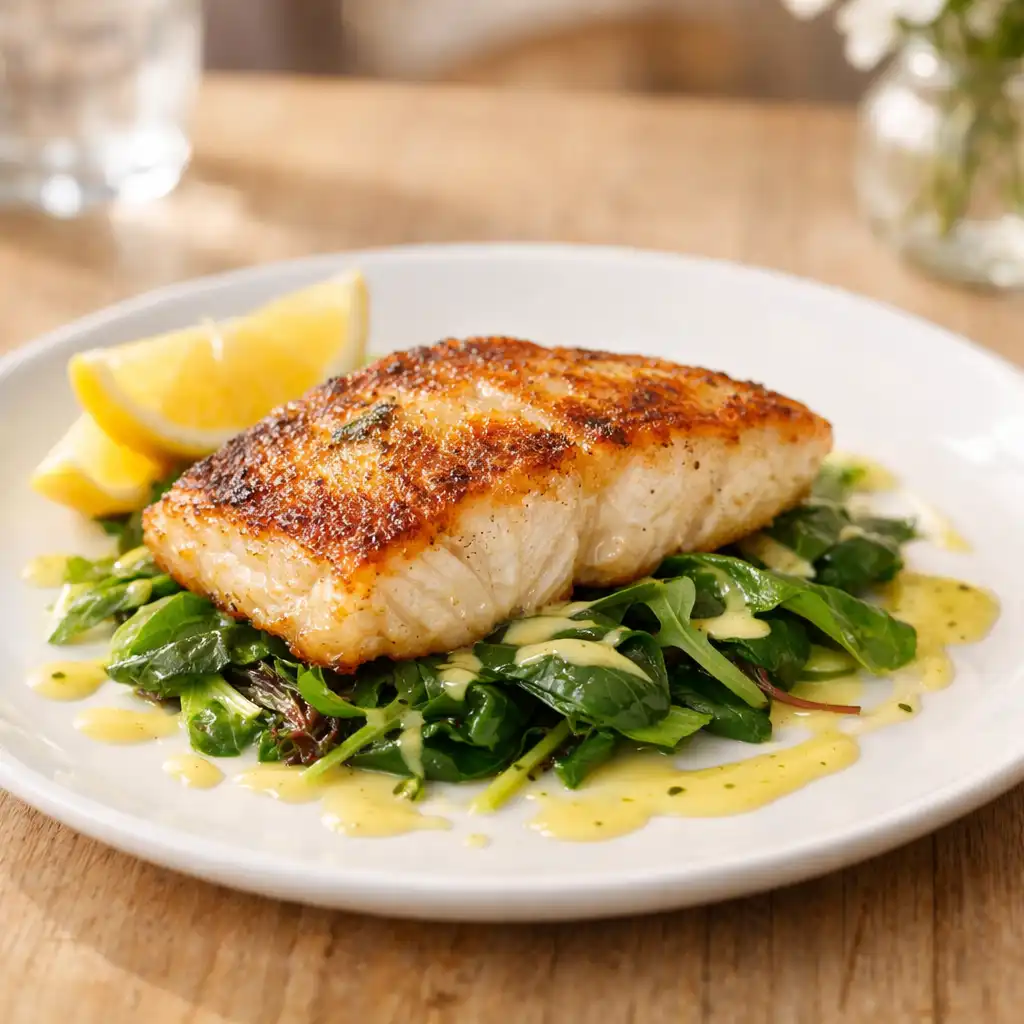 Pan-seared market fish with golden crust, greens, and lemon beurre blanc