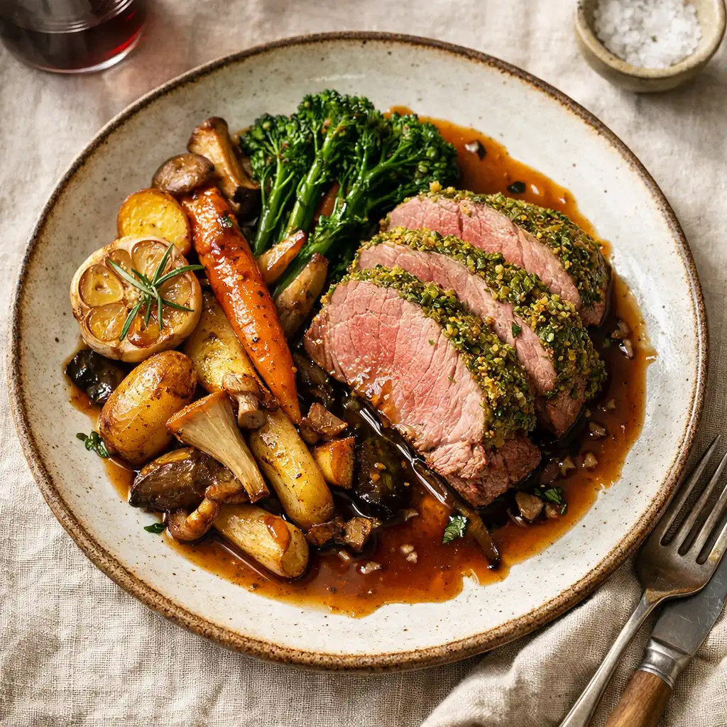 Herb-crusted signature roast with roasted vegetables and rich jus on a linen tablecloth