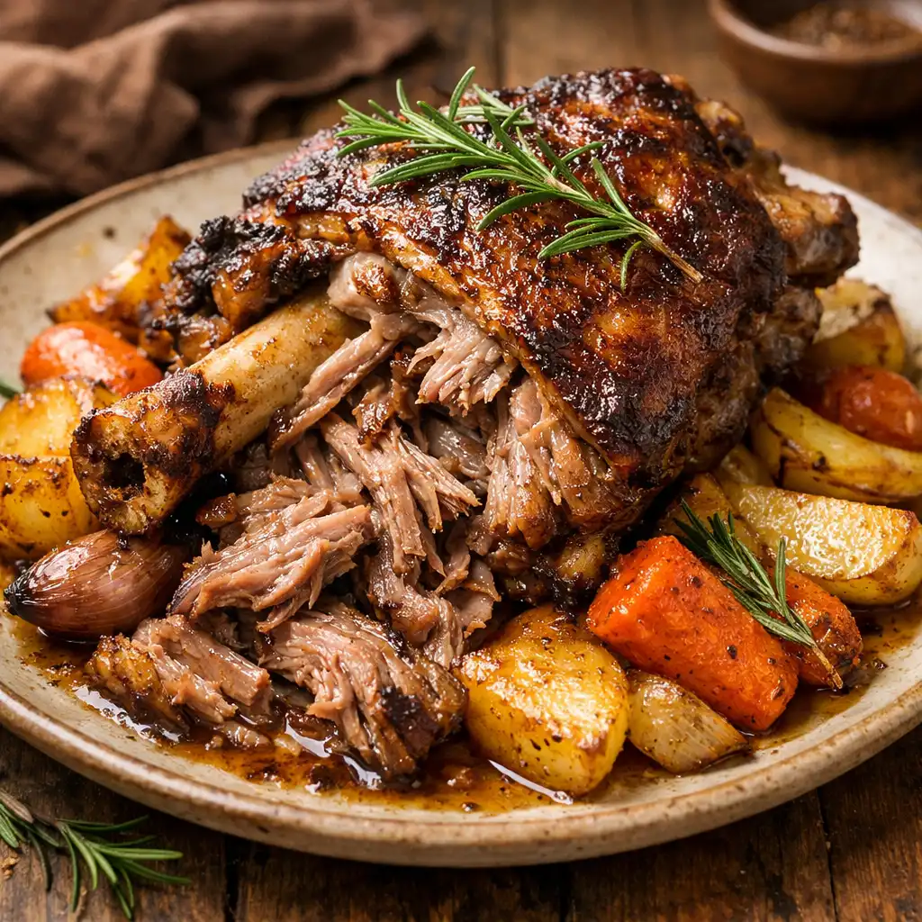 Slow-roasted lamb shoulder with rosemary and roasted root vegetables on a ceramic plate