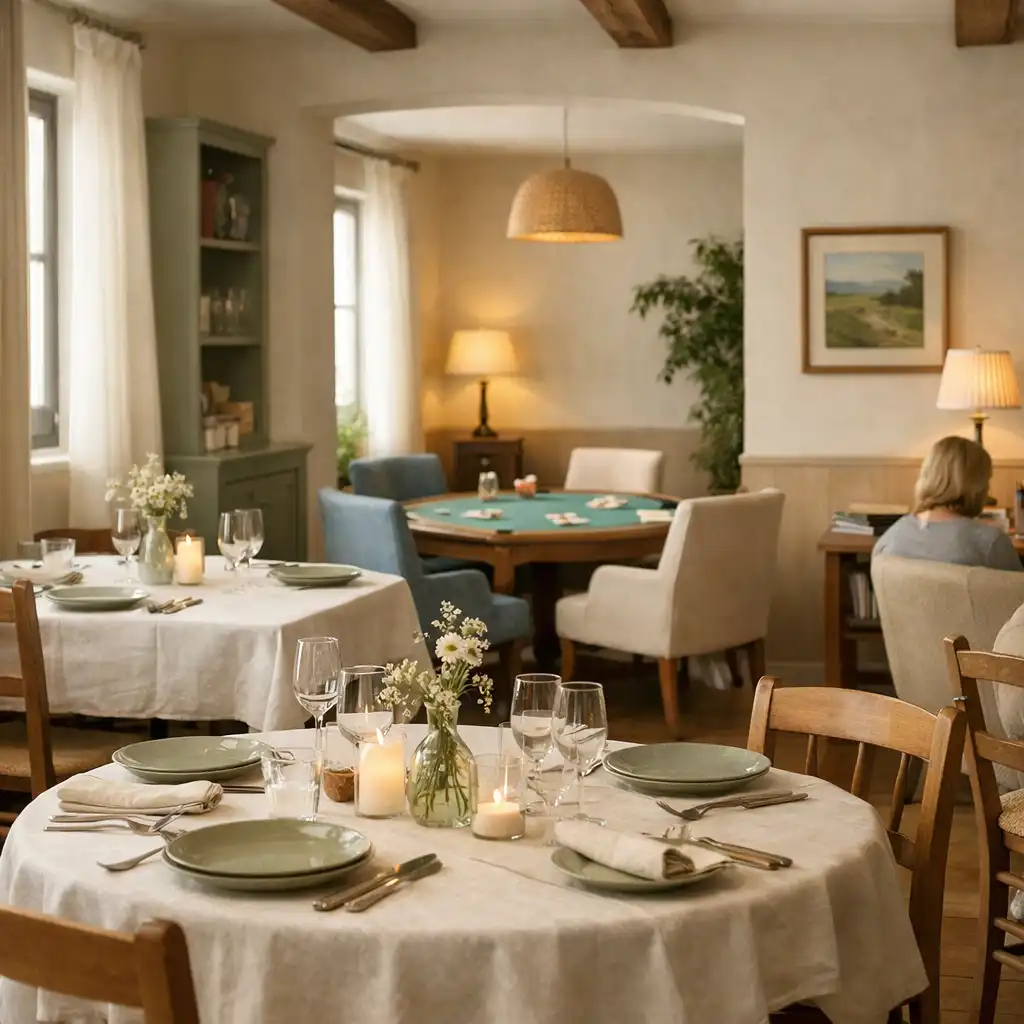 Dining area with linen and timber in the foreground and a subtle card table in the background