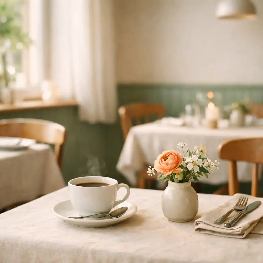Cozy restaurant interior with linen-covered tables, timber chairs, and soft morning light
