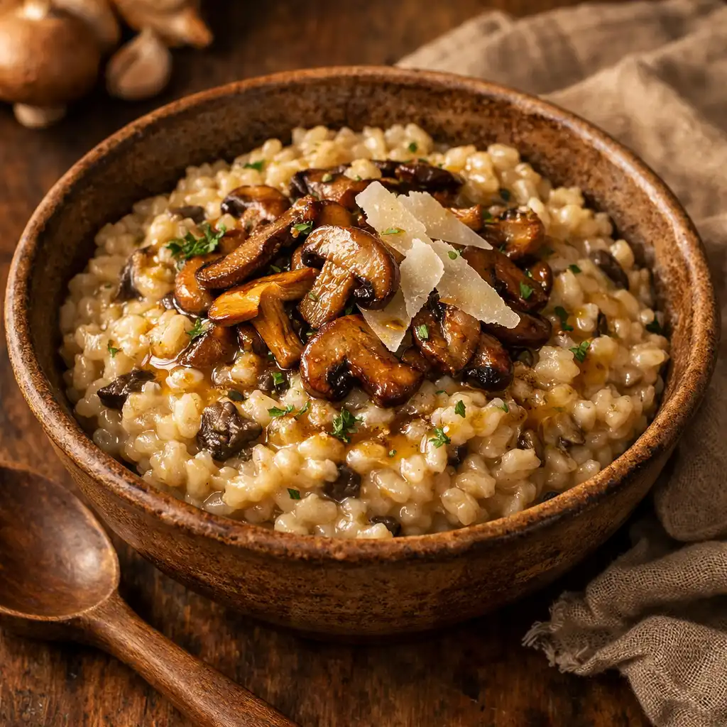 Creamy wild mushroom risotto topped with sautéed mushrooms and shaved parmesan